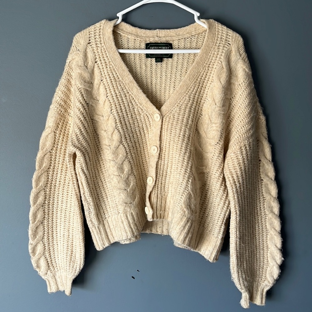 American Eagle Outfitters Womens Button Up Sweater M Cream Knitted Long Sleeve